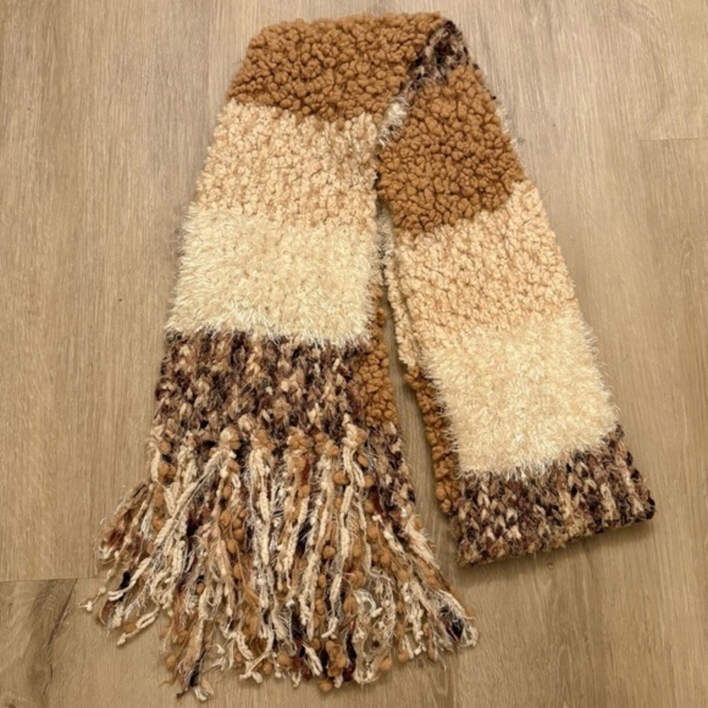 Cejon Brown Beige Textured Knit Fringe Winter Scarf Cozy